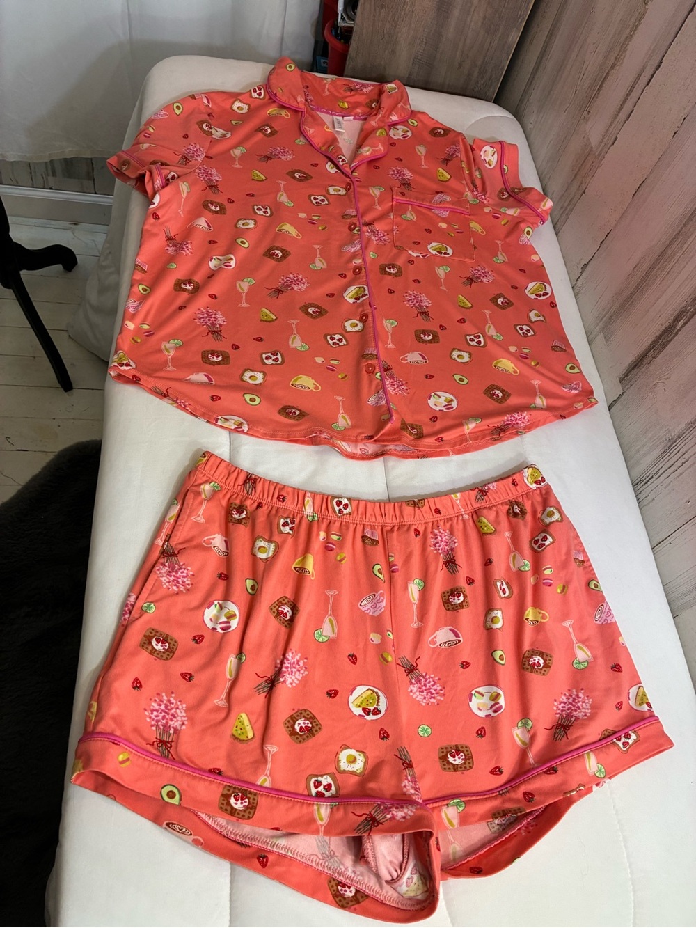 Women’s Coral Pink Short Sleeve Pajama Set with Playful Snack Print